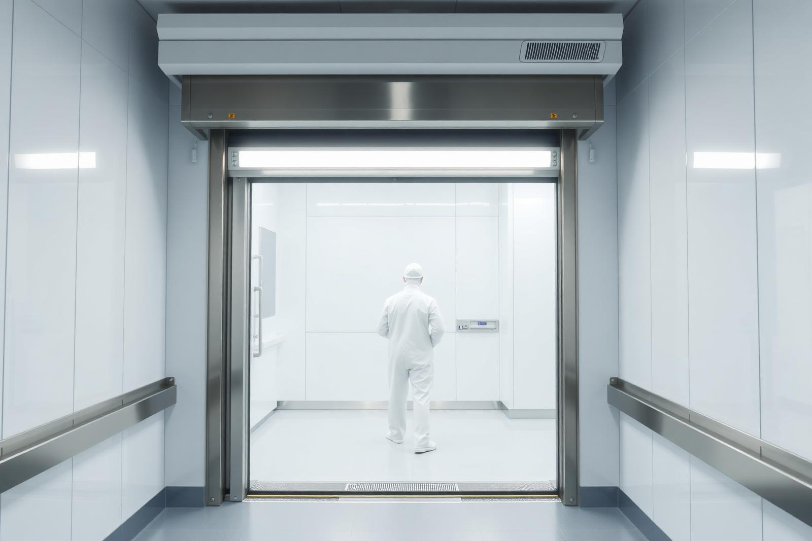 High-speed clean room door in a sterile pharmaceutical environment