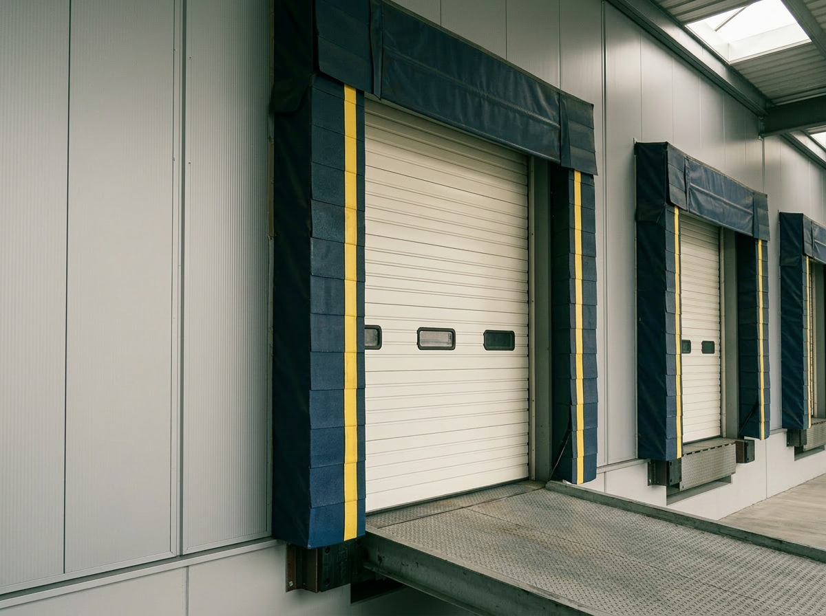 Insulated white sectional dock door framed by navy and yellow dock seals