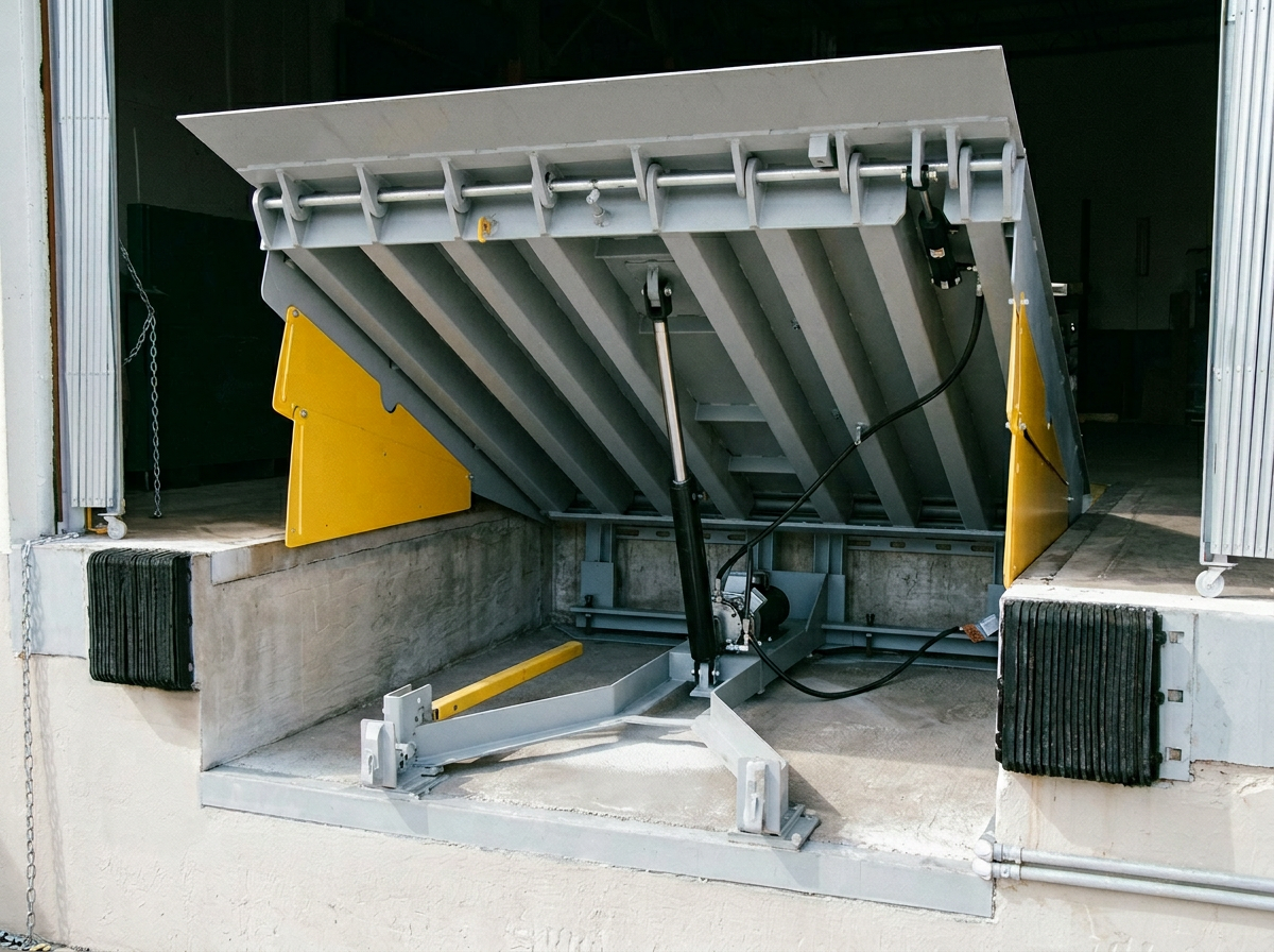 Hydraulic dock leveler raised in an empty loading bay