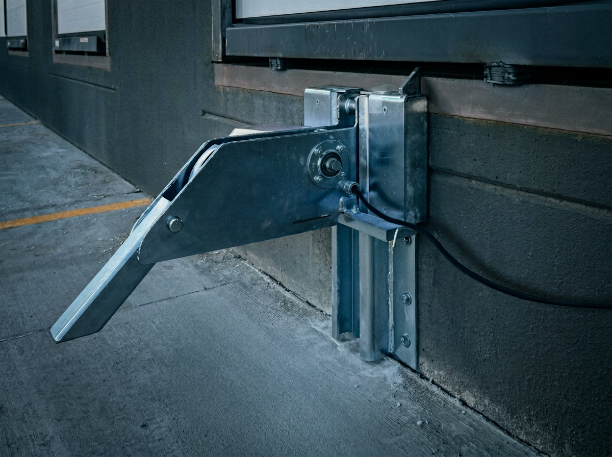 Galvanized steel hydraulic vehicle restraint mounted to a concrete dock