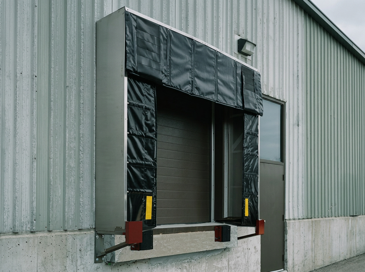 Black dock shelter mounted on the exterior of a warehouse wall