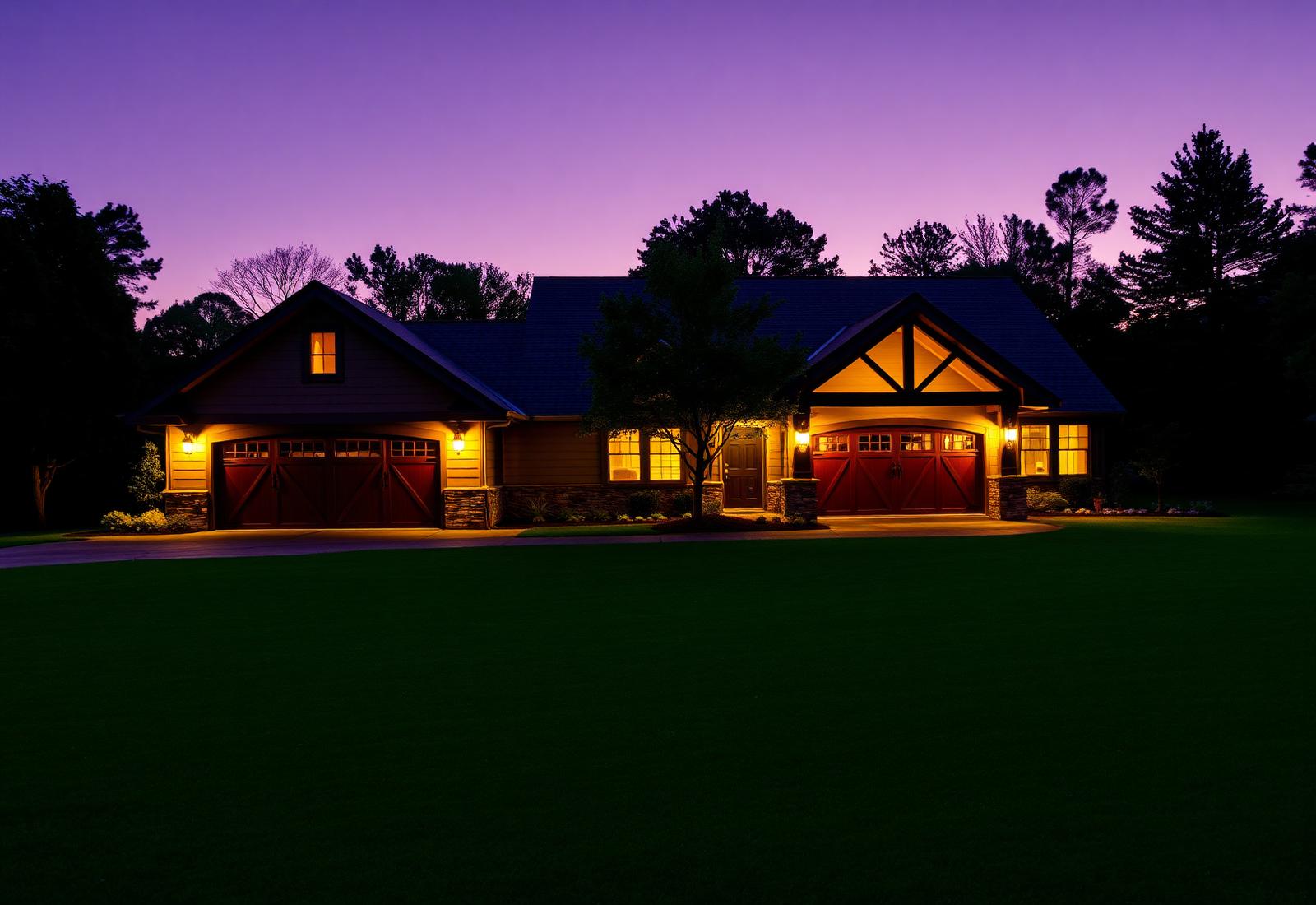 Installed carriage doors at dusk